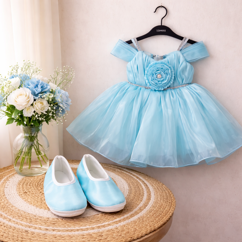 Beatiful Sky Blue Stain Frock with matching shoe Sleeves for Girls | Elegant Dress for Kids | Stylish Sleeveless frock